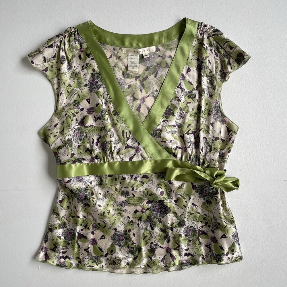 Vtg Y2K Studio M Green Floral Silk Tie Top Flowy Fairy / Sz XL / Whimsygrunge